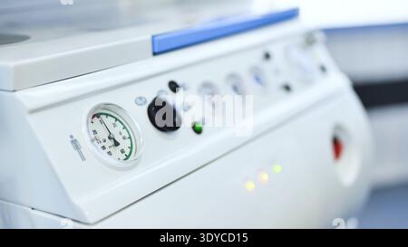 Medical device control panel displaying health data for patient care and hospital equipment Stock Photo