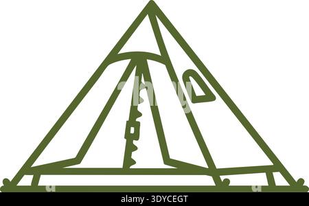 Green line illustration of a camping tent with open entrance and simple triangular frame Stock Vector