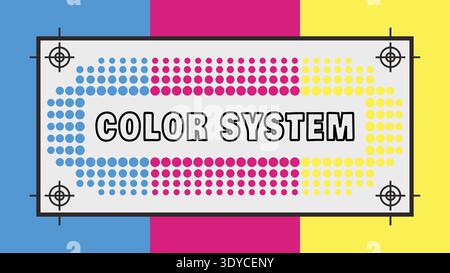 Color system panel with dotted gradients and registration marks on a bold color stripe background Stock Vector