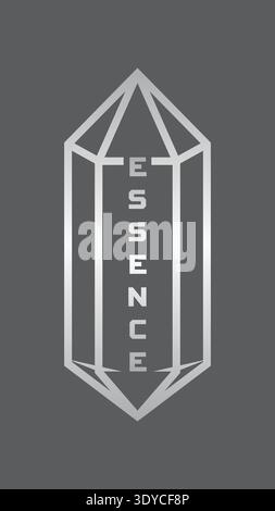 Crystal shaped emblem with essence text set vertically inside a faceted outline Stock Vector