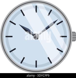 Flat illustration of a round wristwatch face with hour markers and hands on a glossy dial Stock Vector