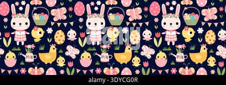 Easter vector pattern with cute pink bunnies, eggs, chickens, flowers and butterflies for kids and baby designs Stock Vector