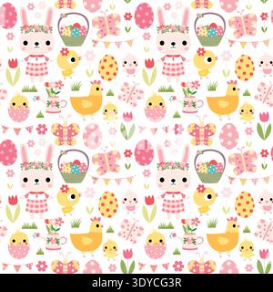 Cute Easter vector pattern with bunnies, chickens, flowers and butterfly on white background for holiday backgrounds Stock Vector