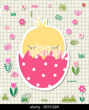 Cute vector chicken in an egg, Cartoon Easter animal illustration design with flowers background Stock Vector
