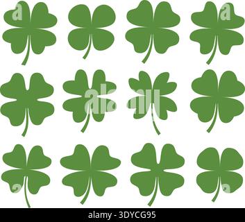 Set of green vector four leaf clover silhouette drawing for icons, cards and for Saint Patrick's day designs Stock Vector