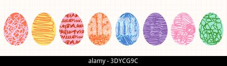 Colorful doodle Easter vector egg shapes with different hand painted scribble textures, fun scrapbook graphic design elements for greeting cards and b Stock Vector