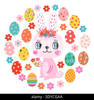 Cute vector Easter bunny design with eggs and flowers, Kawaii spring rabbit illustration for kids and baby packaging Stock Vector