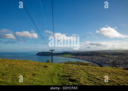 The pylons and wires of Llandudno Cable Car ascend the Great Orme with a Llandudno town and bay behind and view of the Little Orme, North Wales. Stock Photo