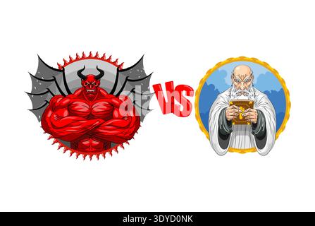 powerful red devil with wings facing God as a wise old man with a golden Bible. Concept of ultimate battle, good vs evil, and fantasy duel. Stock Vector