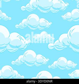 Seamless pattern soft blue vector clouds on a light sky background. Decorative wallpaper for kids design, textile and nature concepts. Isolated on whi Stock Vector