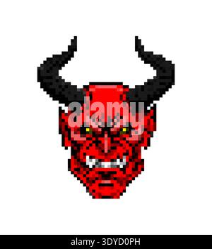 Pixel art  red devil head with black horns. Retro 8-bit game style monster character for gaming and horror concepts. Isolated on white. Stock Vector