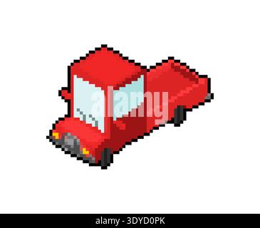 Pixel art  small red truck. Retro 8-bit game style isometric vehicle icon for transport, logistics and delivery concepts. Isolated on white. Stock Vector
