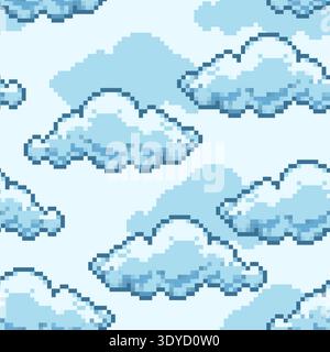Seamless pattern with pixel art blue clouds on a light blue sky. Retro 8-bit game style background for gaming and kids design. Stock Vector