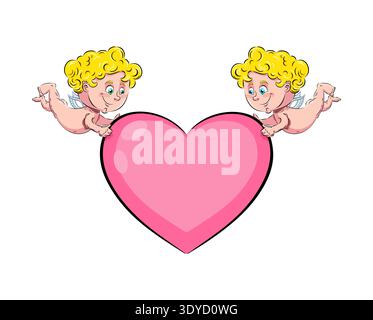 two cute vector cupids holding a large pink heart. Romantic concept for Valentine's Day, love, and relationships. Isolated on white. Stock Vector