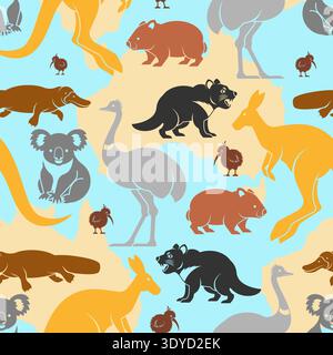 Australian animals pattern silhouettes of : kangaroo, koala, emu, and platypus. Stock Vector