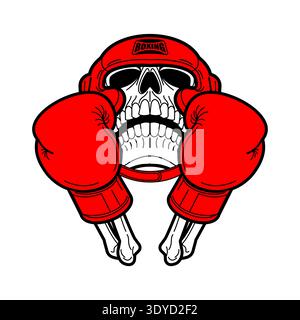human skull wearing red boxing gloves. Concept of extreme combat, danger, and death match. Flat vector illustration isolated on white. Stock Vector