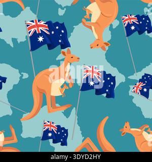 Australia Day pattern with kangaroos, Australian flags and map silhouettes. Vibrant patriotic wallpaper for  textile and tourism decor. Stock Vector