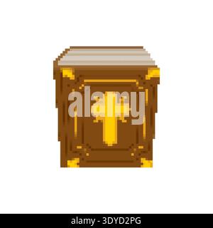 Pixel art  holy Bible with a golden cross. Retro 8-bit game style religious book icon for gaming and spiritual concepts. Isolated on white. Stock Vector
