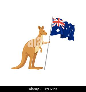 kangaroo holding the Australian national flag. Patriotic symbol for Australia Day and travel concepts. Isolated on white. Stock Vector
