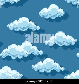 Seamless pattern with pixel art blue clouds on a dark blue sky background. Retro 8-bit game style atmosphere for gaming and digital design. Stock Vector
