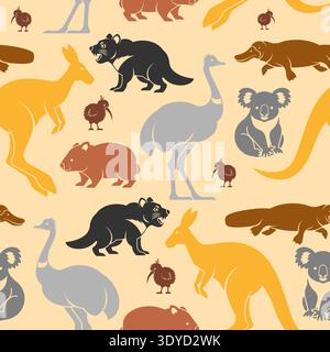 pattern with silhouettes of Australian animals: kangaroo, koala, and emu on a beige background. Ethnic wildlife wallpaper for textile and decor. Stock Vector