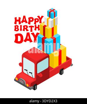 truck delivering a huge stack of colorful gift boxes with Happy Birthday text. Festive delivery service concept. Isolated on white. Stock Vector