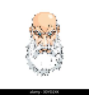 Pixel art portrait of an elderly man with a white beard and mustache. Retro 8-bit game style avatar for RPG and classic gaming. Isolated on white. Stock Vector