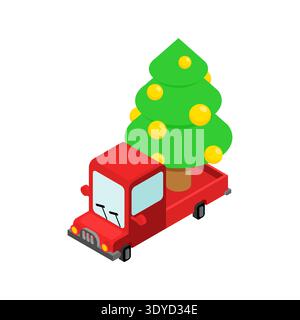 red truck carrying a decorated Christmas tree. Festive delivery vehicle for winter holidays and New Year celebration. Flat vector isolated on white. Stock Vector