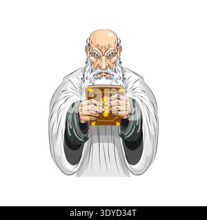 God as an old wise man with a white beard holding a golden Bible. Religious and spiritual concept Stock Vector