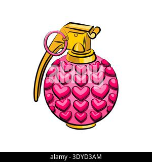 pink heart-shaped hand grenade. Humorous metaphor for "love bomb" or romantic threat. Tactical romance concept. Isolated on white. Stock Vector