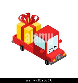 truck carrying a large yellow gift box with a red bow. Concept for special delivery, holiday surprise and logistics service. Flat vector. Stock Vector