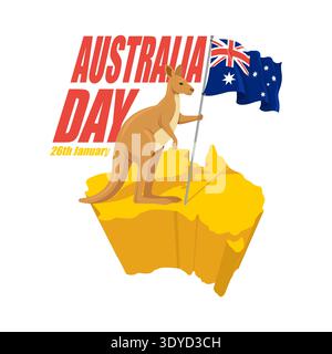 Australia Day. kangaroo with a flag standing on a yellow 3D map of Australia. Stock Vector