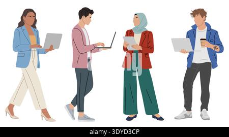 Set of diverse professionals using laptops, tablet Stock Vector