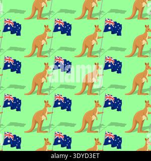 Seamless pattern  kangaroos holding Australian flags on a green background. Patriotic wallpaper for national holidays and events. Stock Vector