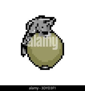 Pixel art  green military hand grenade. Retro 8-bit game style explosive weapon icon for army, battle and attack concepts. Isolated on white. Stock Vector