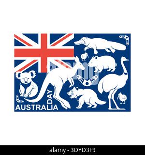 Australian flag emblem filled with silhouettes of various animals and Australia Day text. Patriotic wildlife concept for national holidays. Flat vecto Stock Vector