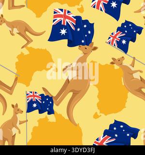 Seamless pattern with jumping kangaroos and Australian flags on a warm orange background. Patriotic wildlife wallpaper for national holidays and texti Stock Vector