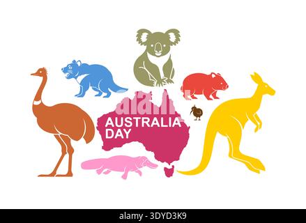 map of Australia surrounded by colorful silhouettes of national animals set. Vibrant concept for Australia Day, nature and wildlife. Flat vector illus Stock Vector