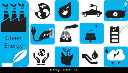 Green energy icons show factory plant electric car solar panel and clean power symbols Stock Vector