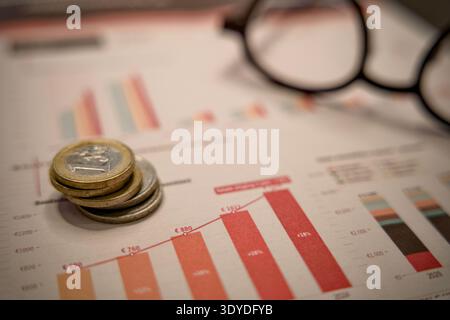 Rising Cost of Living — Euro Coins on Household Budget Chart Showing Grocery Price Inflation Stock Photo