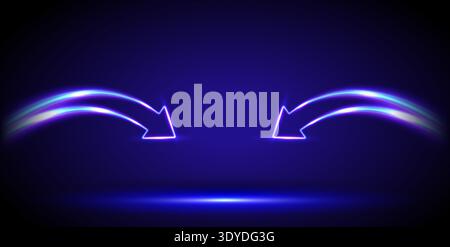 Two arrows pointing to one place. Blue curved arrow in motion on dark background. Glowing neon arrow with light trails. Personal growth. Quick result Stock Vector