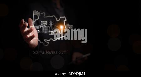 Digital sovereignty concept. Hand holds a national map and technology icons of AI infrastructure and ecosystem, like data server, cloud, semiconductor Stock Photo