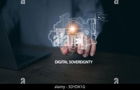 Digital sovereignty concept. A man touches security shield with country map outline and icons of AI infrastructure and ecosystem, server, cloud, semic Stock Photo