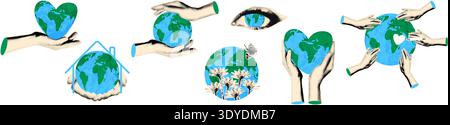 Earth day cut out halftone collage set vector illustration Stock Vector