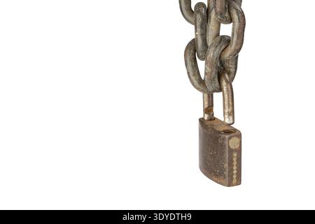 This striking image showcases a timeworn iron chain and a rusted padlock set against a pristine white backdrop, encapsulating the essence of durabilit Stock Photo