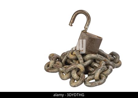 The image captures an antique open unlocked padlock resting on a heap of intertwined, heavy rusted chains, set against a white backdrop, denoting libe Stock Photo