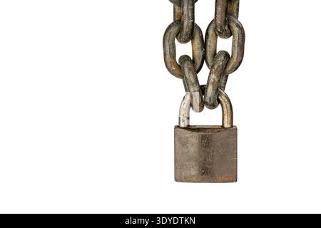 An aged, metal locked padlock is securely fastened with a heavy, rusting chain, isolated against a pristine white background for contrast. Stock Photo