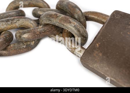 A detailed shot of a rusty metal chain with an aged padlock, conveying themes of security and strength on an isolated white background. Stock Photo