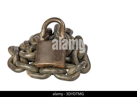 On a pristine white background lies a heavily rusted chain intertwined with a robust padlock, representing enduring strength and unwavering security. Stock Photo
