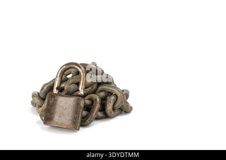The image captures a rusty metal chain with an open padlock on a white background, symbolizing security, protection, and aged resilience. Stock Photo